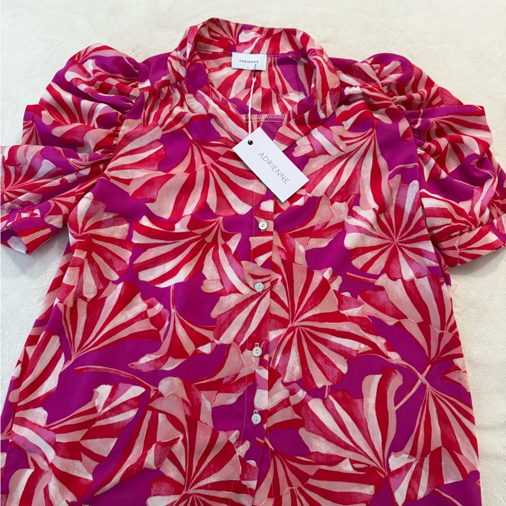 Adrienne Boutique Blouse New Multicolor Shirt Sleeve Button Front Size Large E74